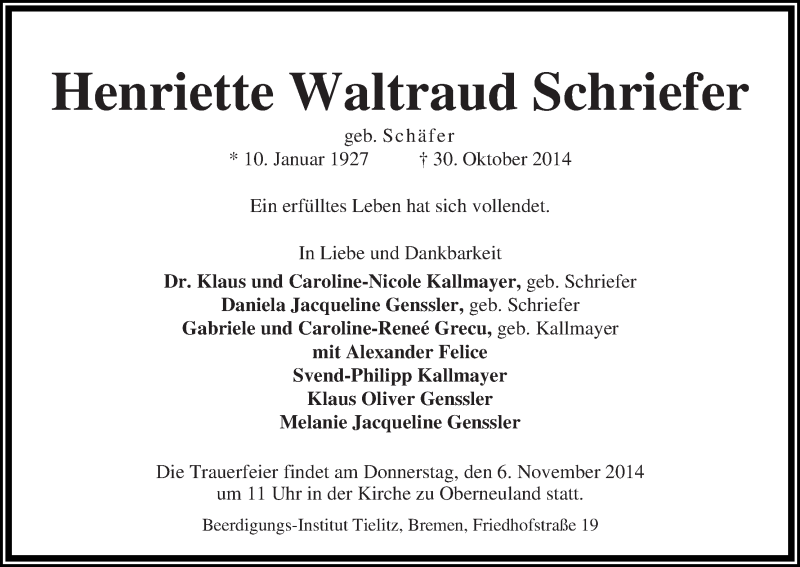 Traueranzeige von Henriette Waltraud Schriefer von WESER-KURIER
