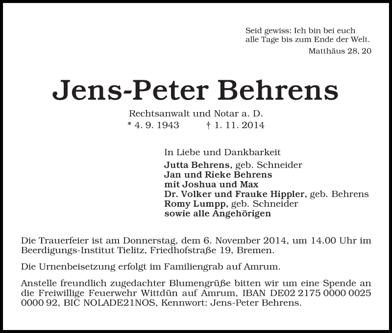 Traueranzeige von Jens-Peter Behrens von WESER-KURIER