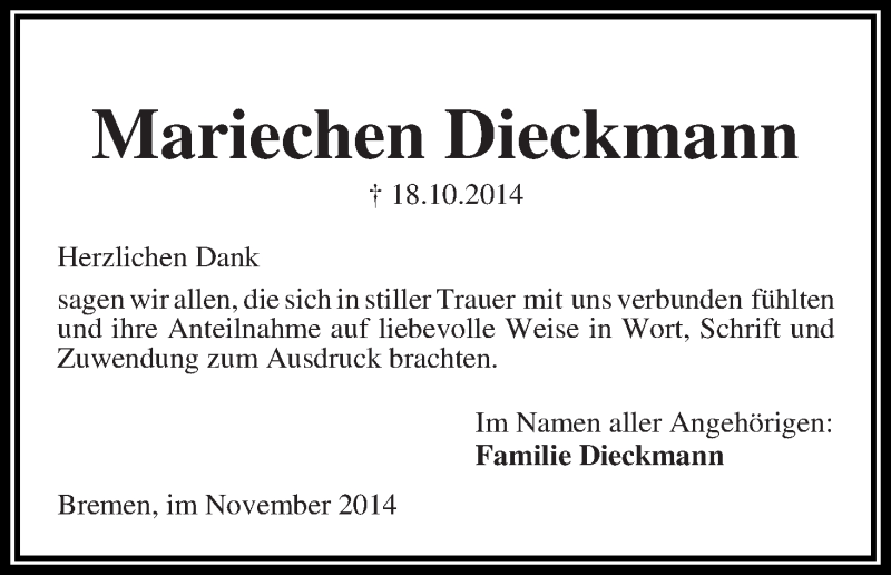 Traueranzeige von Mariechen Dieckmann von Die Norddeutsche
