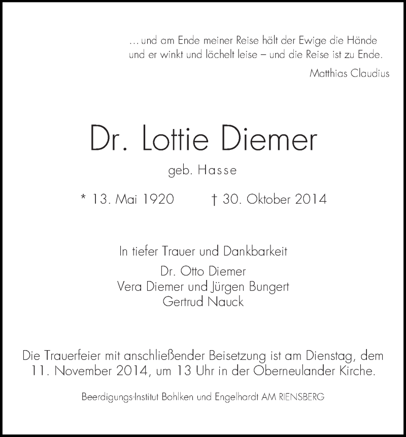 Traueranzeige von Lottie Diemer von WESER-KURIER