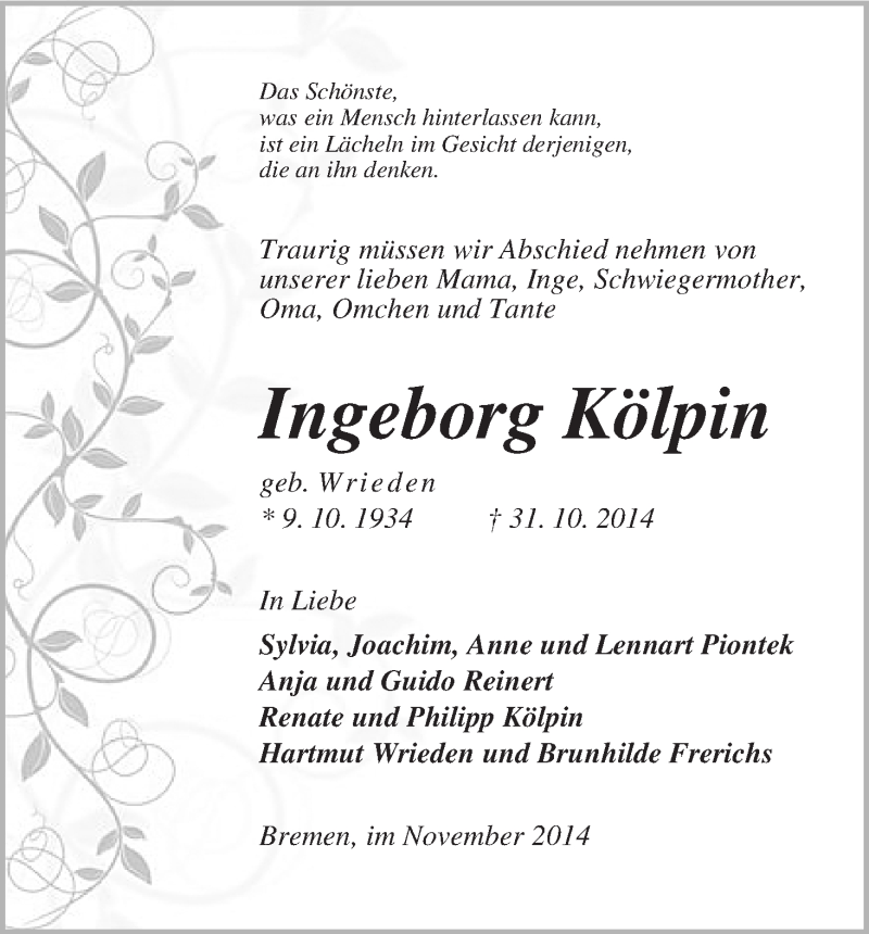 Traueranzeige von Ingeborg Kölpin von WESER-KURIER