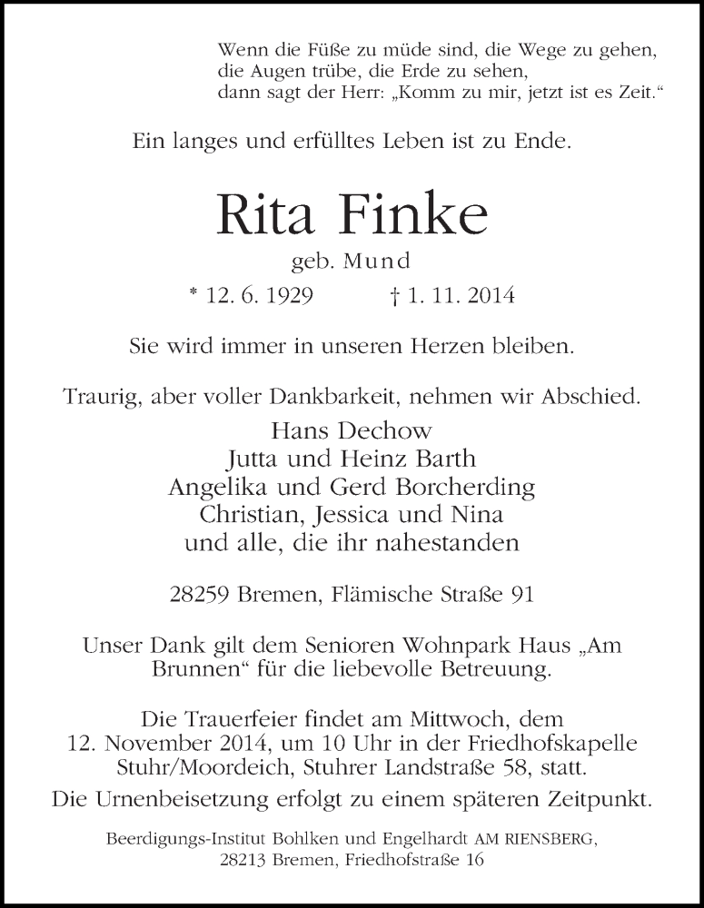 Traueranzeige von Rita Finke von WESER-KURIER