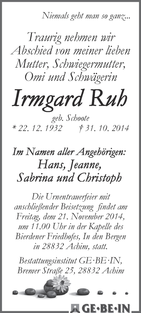 Traueranzeige von Irmgard Ruh von WESER-KURIER
