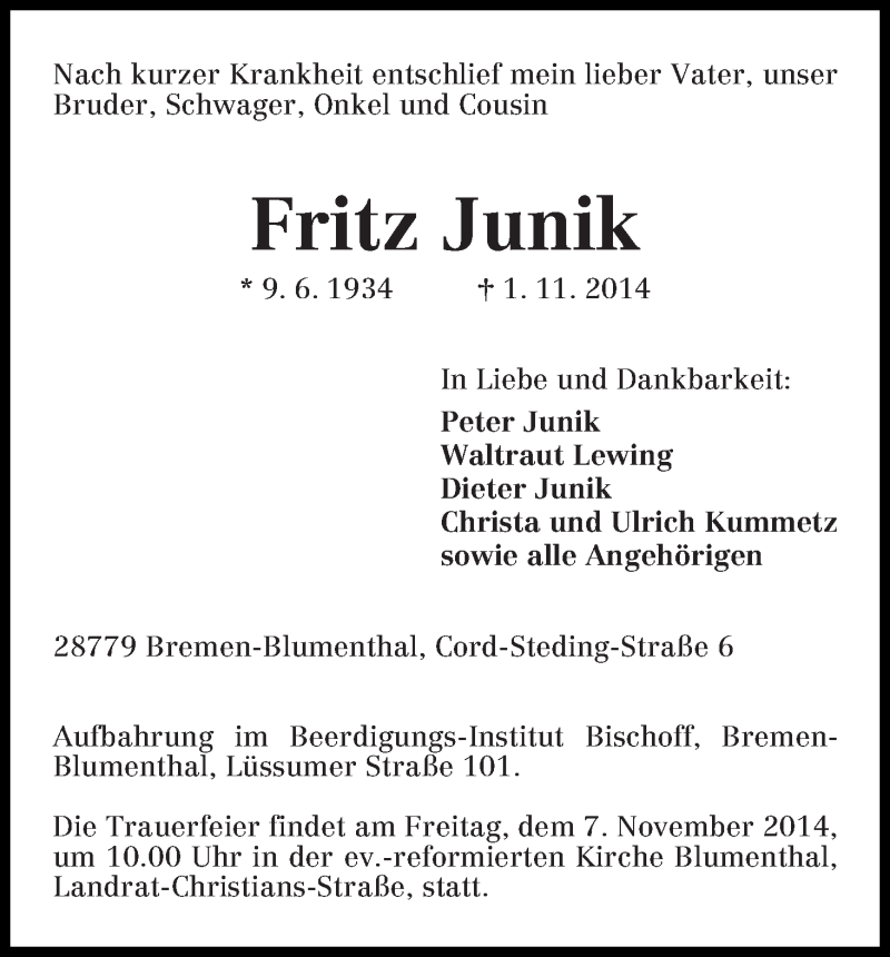 Traueranzeige von Fritz Junik von Die Norddeutsche