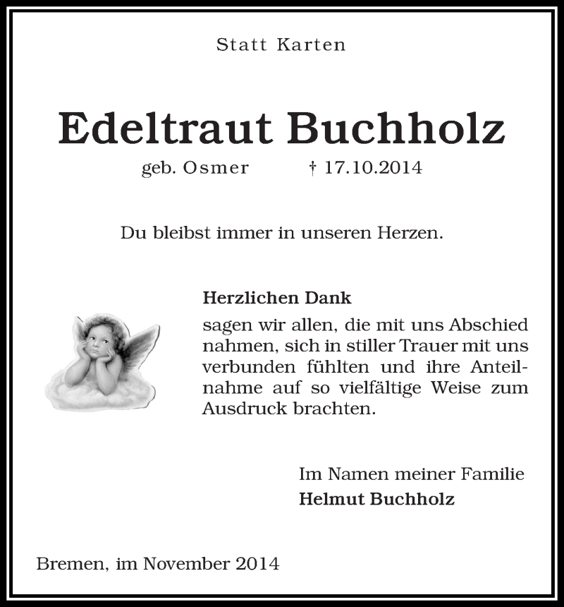 Traueranzeige von Edeltraut Buchholz von WESER-KURIER