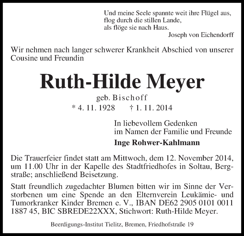 Traueranzeige von Ruth-Hilde Meyer von WESER-KURIER