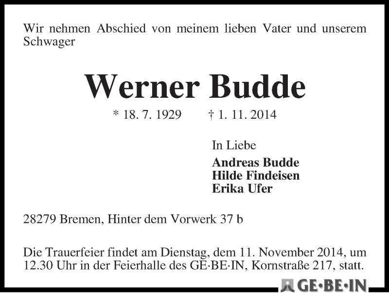 Traueranzeige von Werner Budde von WESER-KURIER