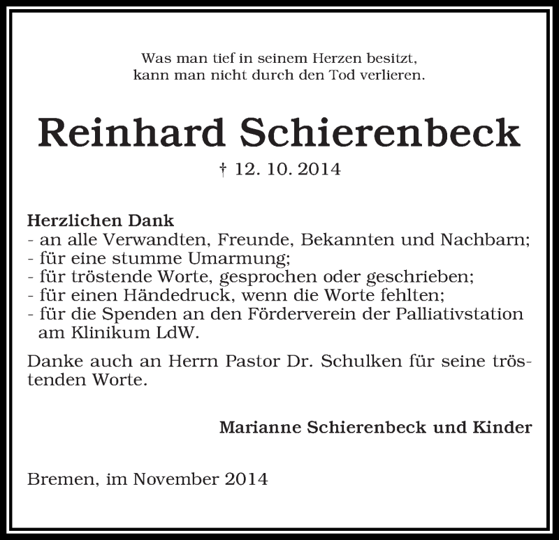 Traueranzeige von Reinhard Schierenbeck von WESER-KURIER