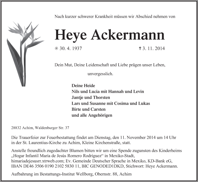 Traueranzeige von Heye Ackermann von WESER-KURIER