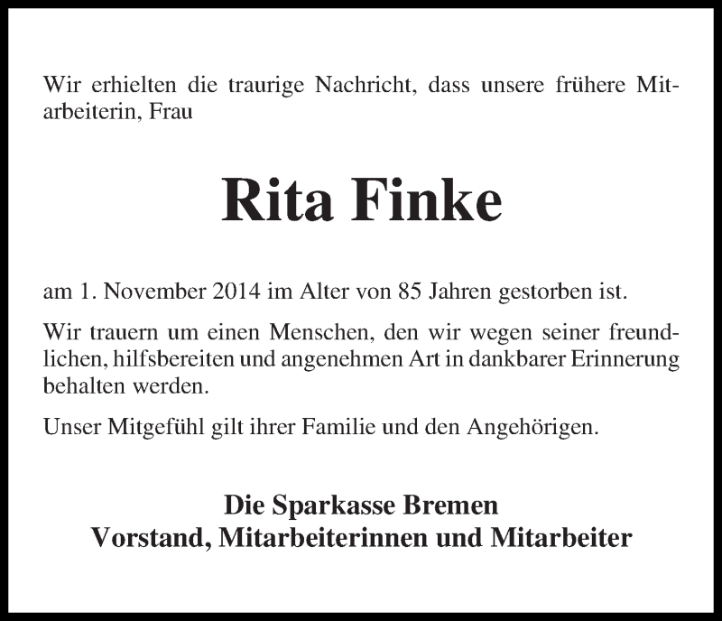 Traueranzeige von Rita Finke von WESER-KURIER