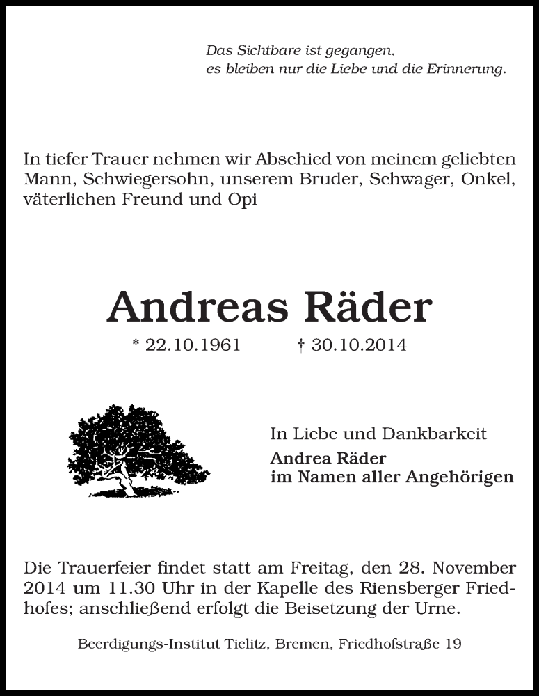 Traueranzeige von Andreas Räder von WESER-KURIER