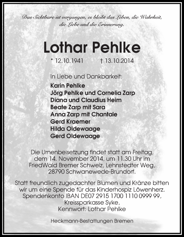 Traueranzeige von Lothar Pehlke von Die Norddeutsche
