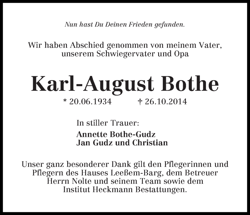 Traueranzeige von Karl-August Bothe von Die Norddeutsche