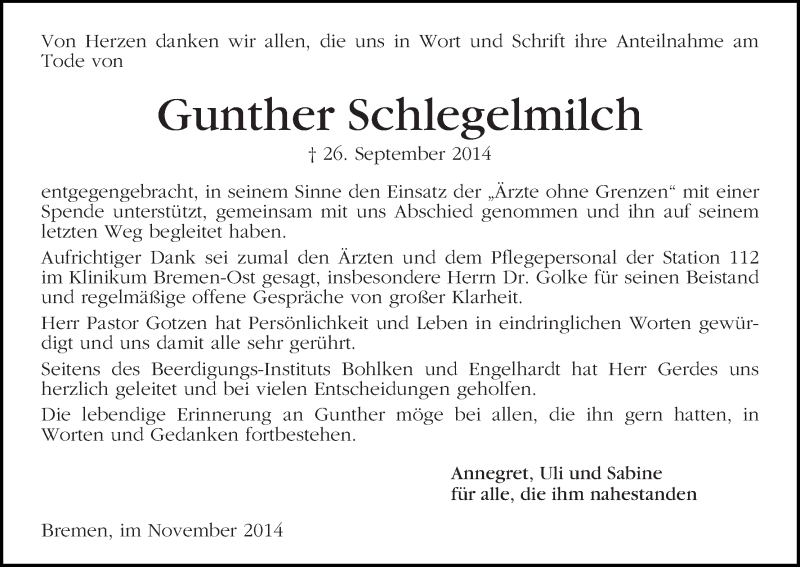 Traueranzeige von Gunther Schlegelmich von WESER-KURIER