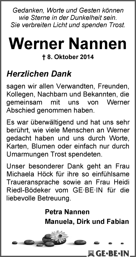 Traueranzeige von Werner Nannen von WESER-KURIER