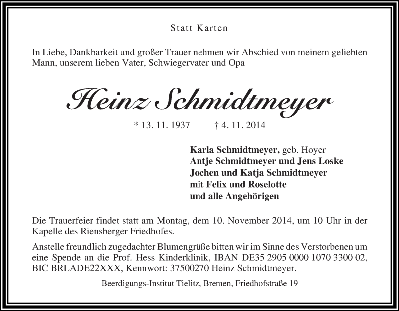 Traueranzeige von Heinz Schmidtmeyer von WESER-KURIER