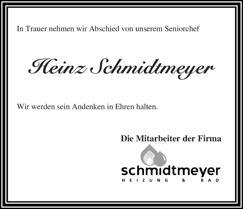Traueranzeige von Heinz Schmidtmeyer von WESER-KURIER