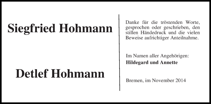 Traueranzeige von Siegfried und Detlef Hohmann von Die Norddeutsche