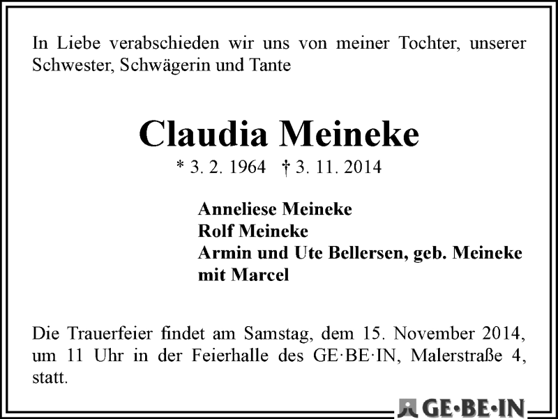 Traueranzeige von Claudia Meineke von WESER-KURIER