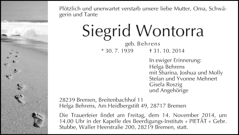Traueranzeige von Siegrid Wontorra von WESER-KURIER