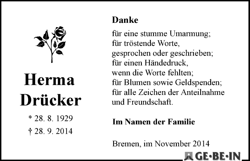 Traueranzeige von Herma Drücker von WESER-KURIER