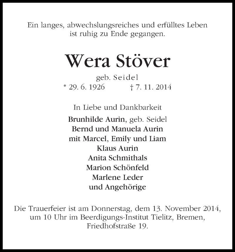 Traueranzeige von Wera Stöver von WESER-KURIER