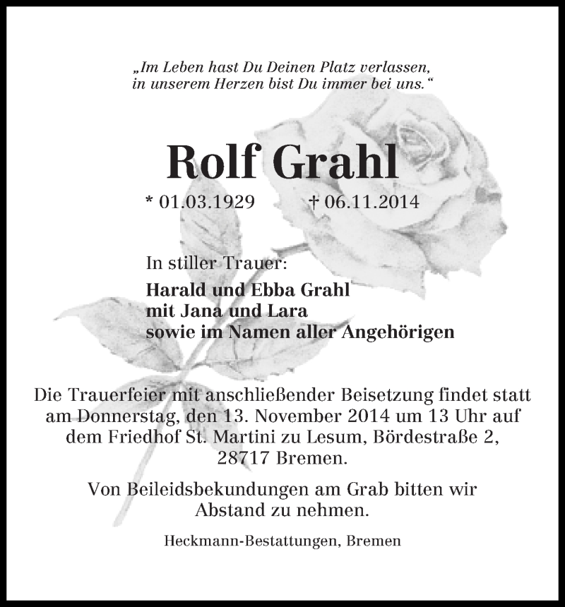 Traueranzeige von Rolf Grahl von Die Norddeutsche