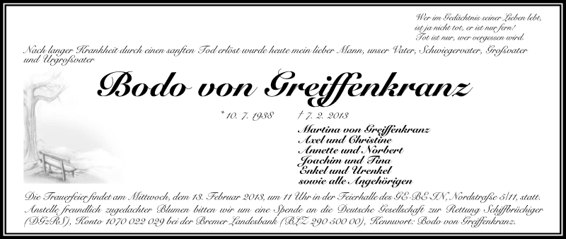 Traueranzeige von Bodo von Greiffenkranz von WESER-KURIER
