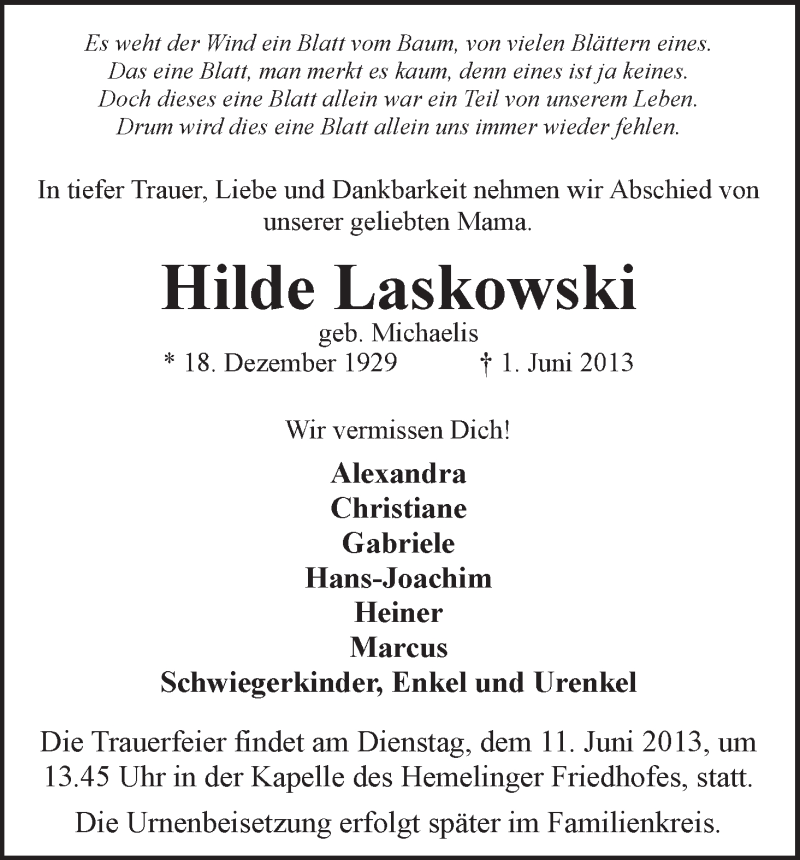 Traueranzeige von Hilde Laskowski von WESER-KURIER