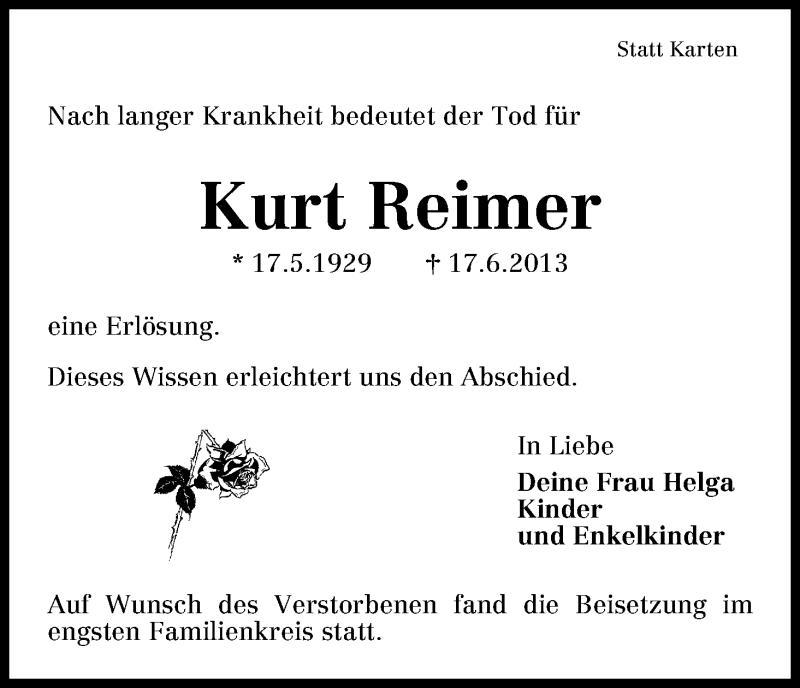 Traueranzeige von Kurt Reimer von WESER-KURIER